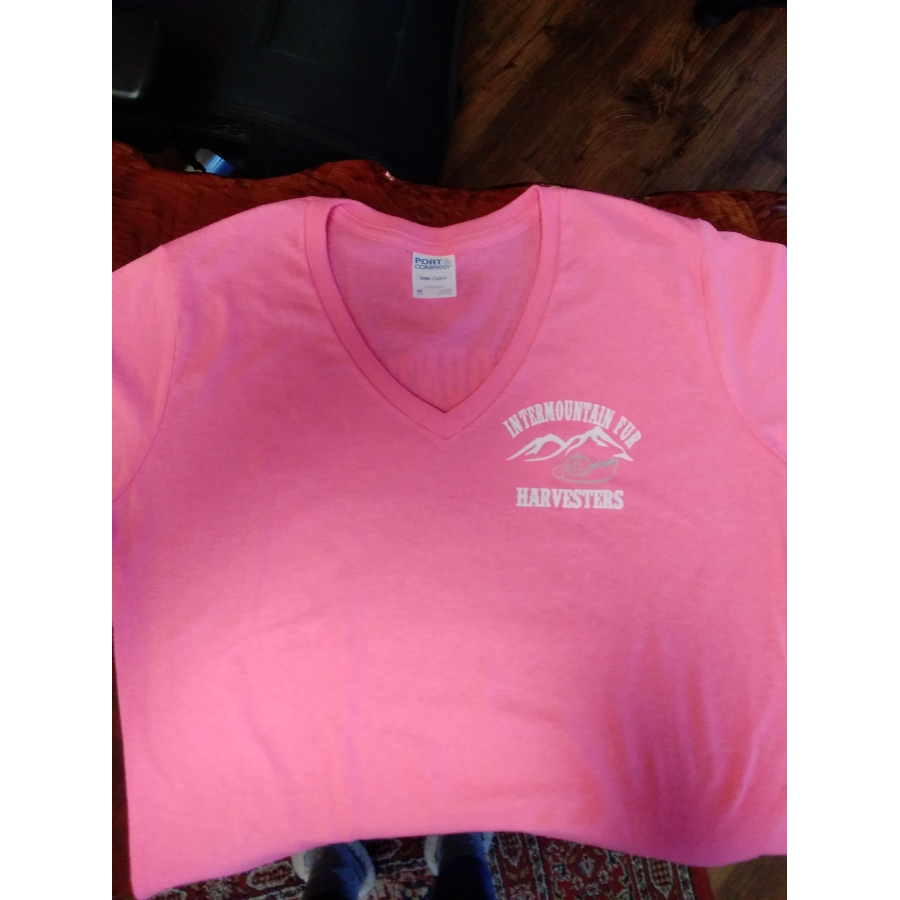 IFH T-Shirt V-Neck Pink w/White Text – Adult | Intermountain Fur Harvesters